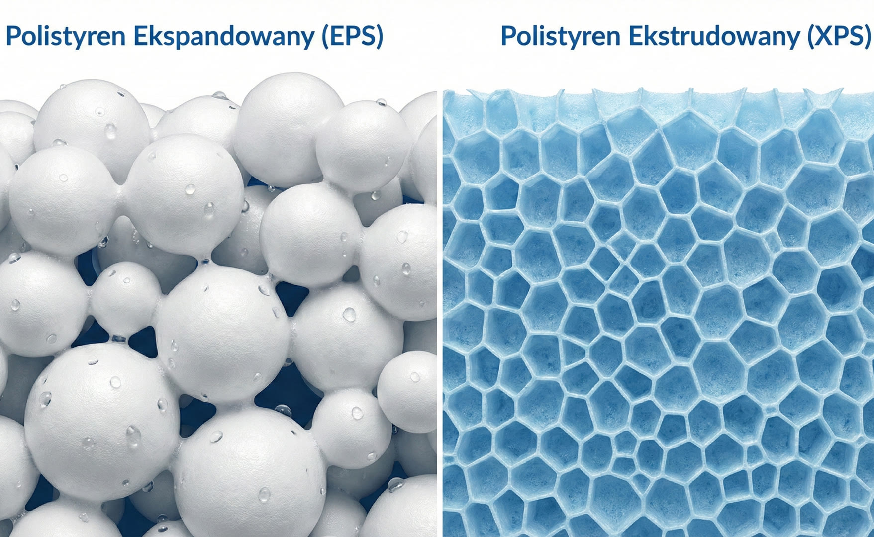 Porównanie struktury styropianu EPS i styroduru XPS pod mikroskopem - widoczne pory vs jednolita pianka